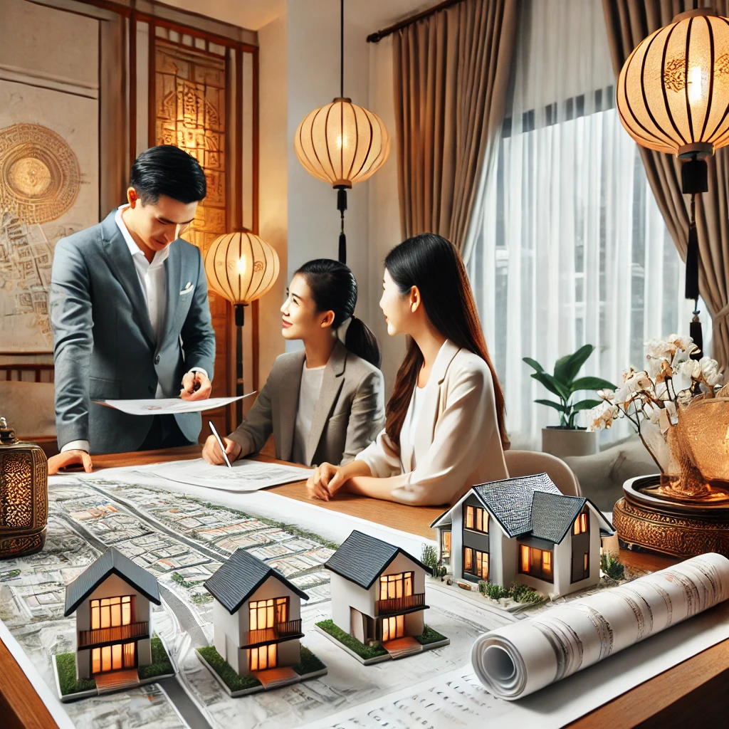 DALL·E 2025 01 14 18.19.07 A modern real estate transaction scene in Thanh Hoa featuring an agent discussing property with clients. The image includes a stylish office setup wi